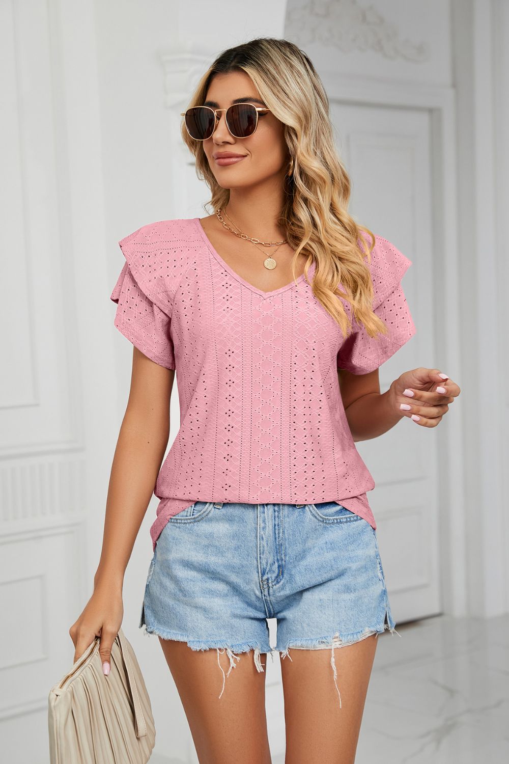 Blush Pink Eyelet knit V-neck top with layered flutter sleeves