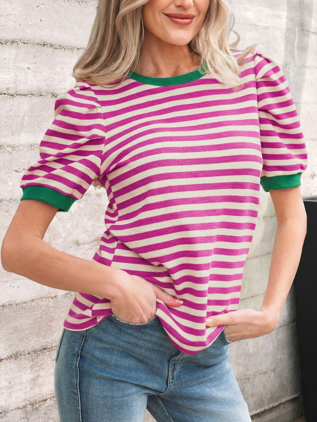 Striped puff sleeve tee with contrast ribbed trim