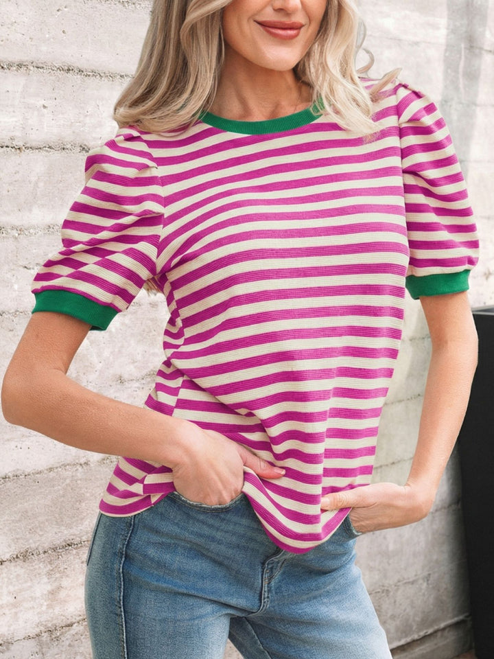 Striped puff sleeve tee with contrast ribbed trim
