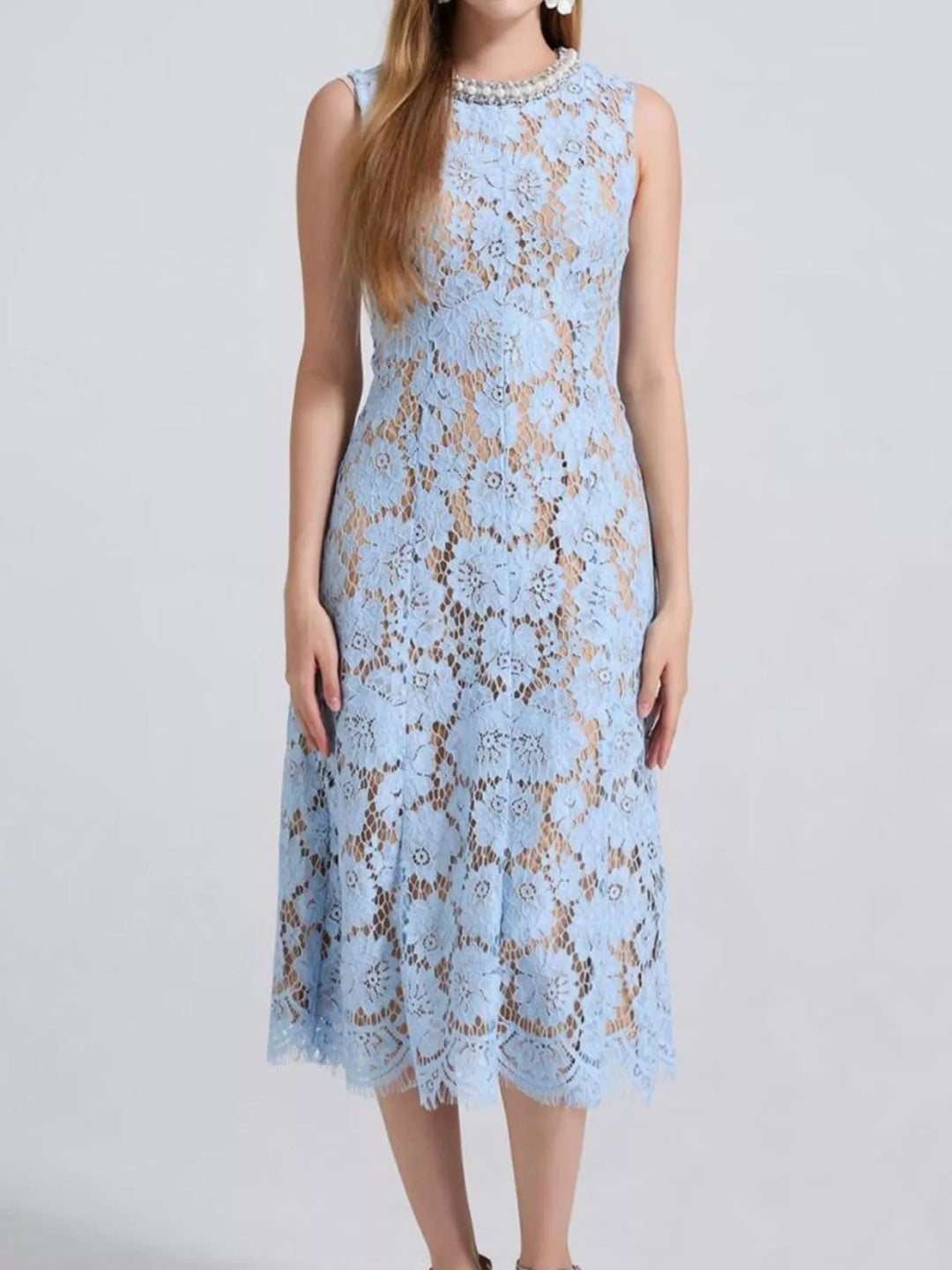 Sleeveless floral lace midi dress with pearl neckline