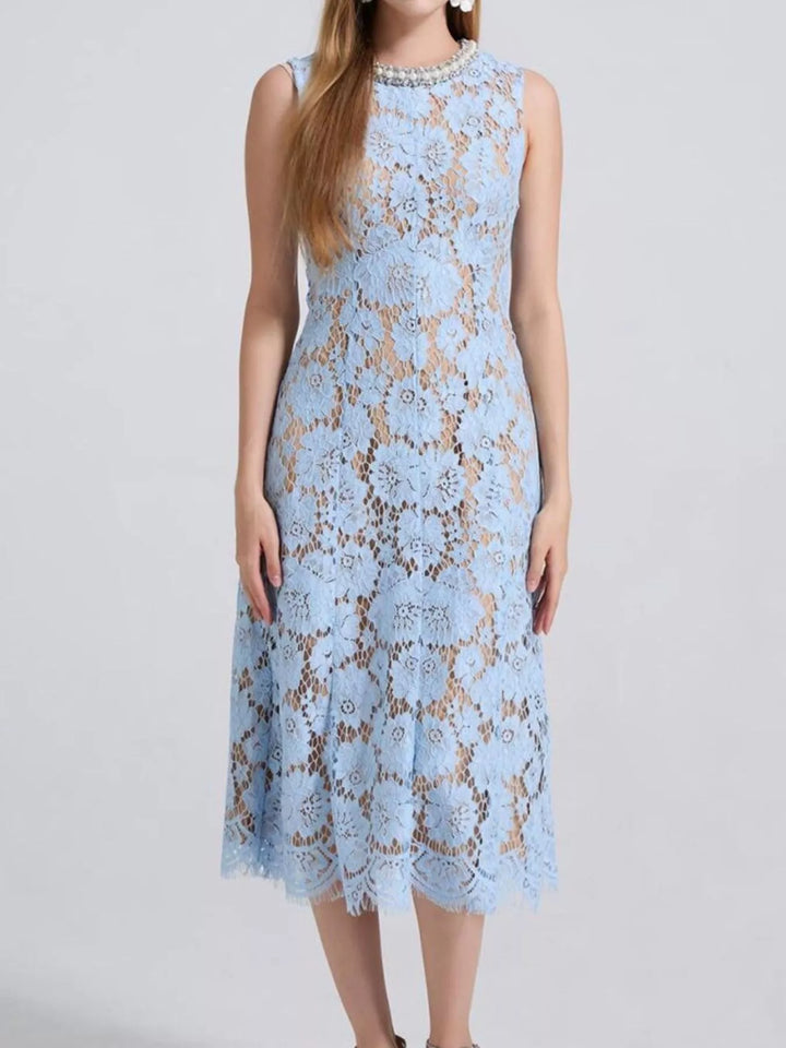 Sleeveless floral lace midi dress with pearl neckline