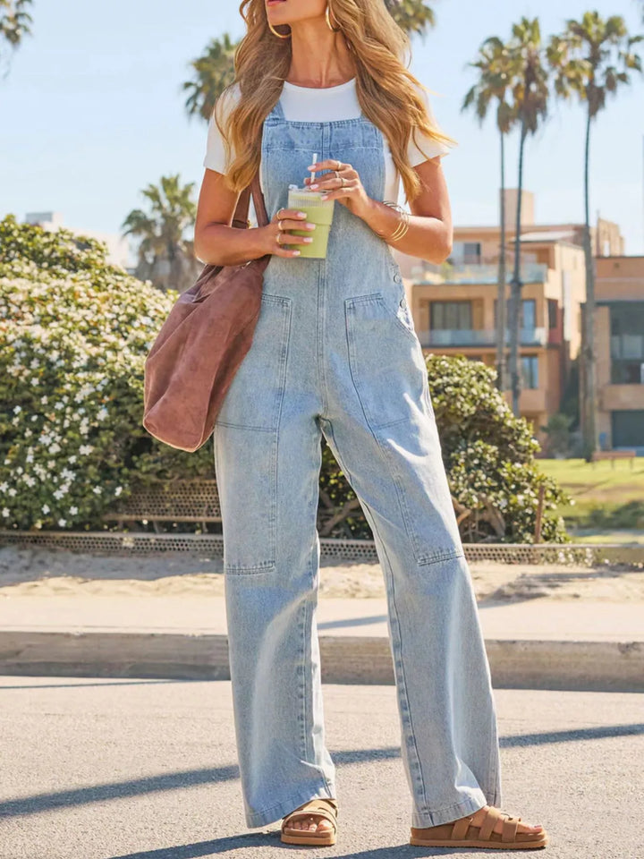 Wide-leg denim overalls with patch pockets