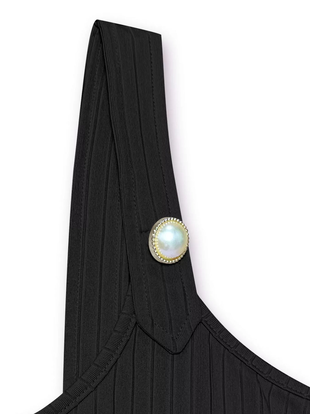Ribbed scoop neck crop tank with pearl strap buttons