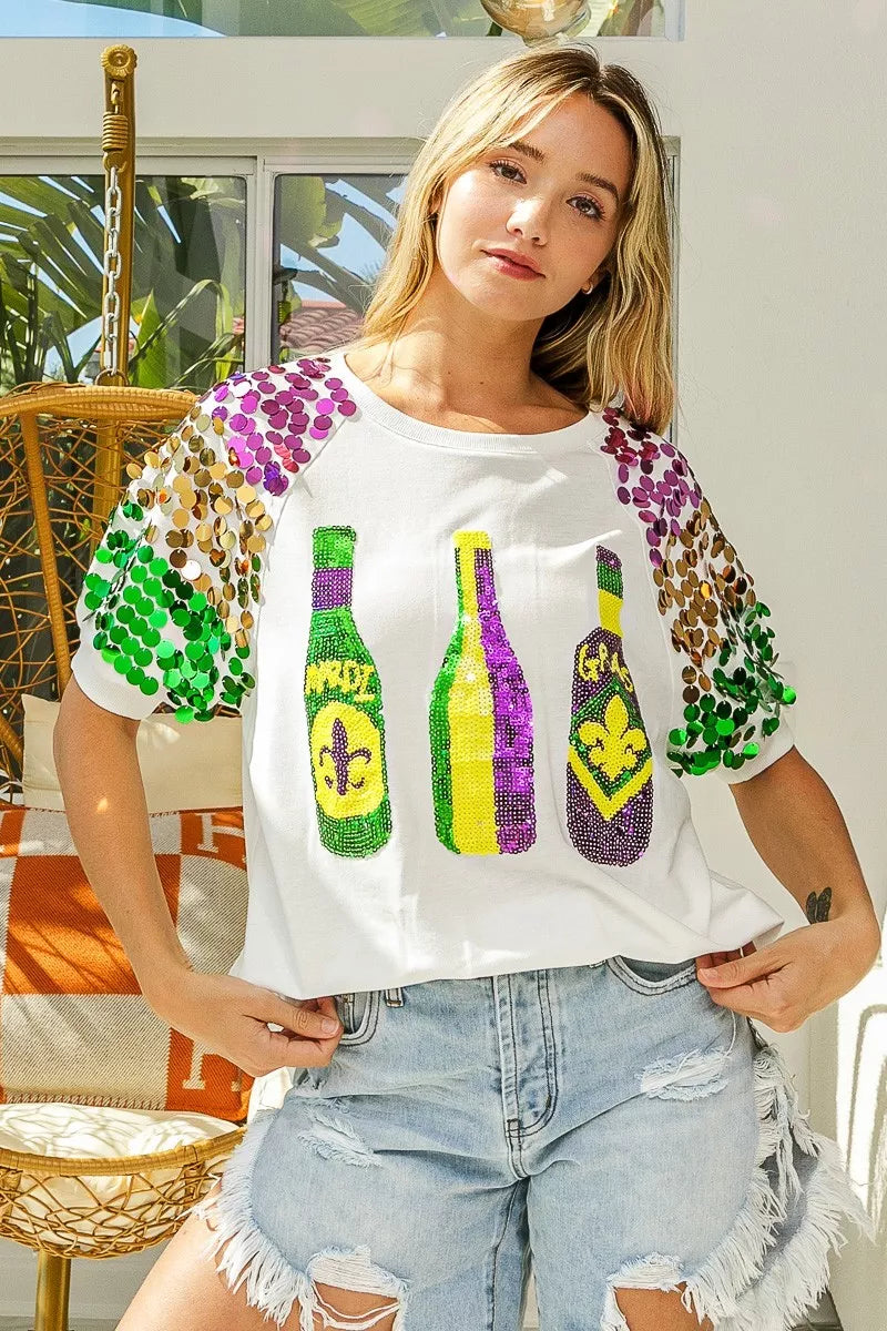 Sequin Mardi Gras bottles graphic tee with paillette sleeves