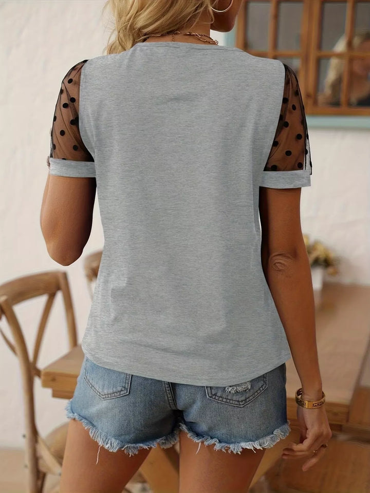 Polka dot mesh sleeve crew neck t-shirt