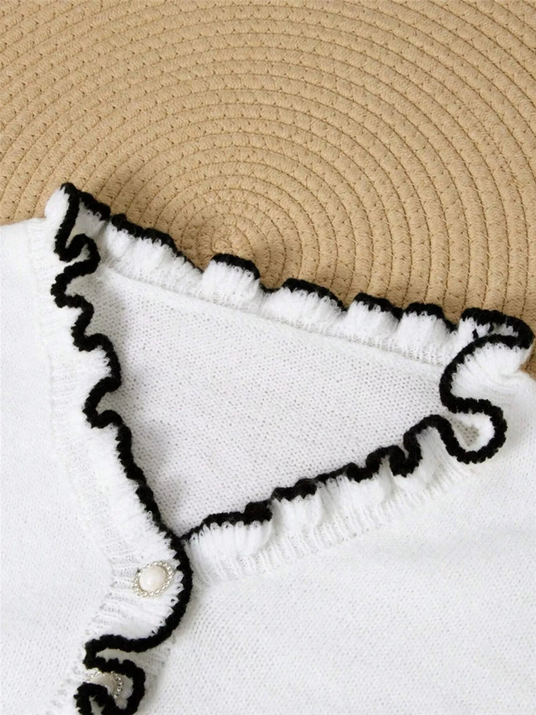 Contrast ruffle-trim V-neck button-front sweater