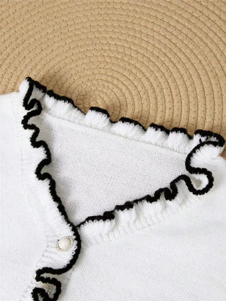 Contrast ruffle-trim V-neck button-front sweater