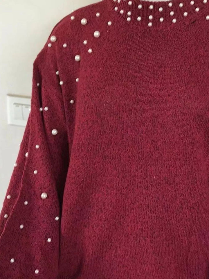 Wine Red Pearl-embellished mock neck sweater with balloon sleeves