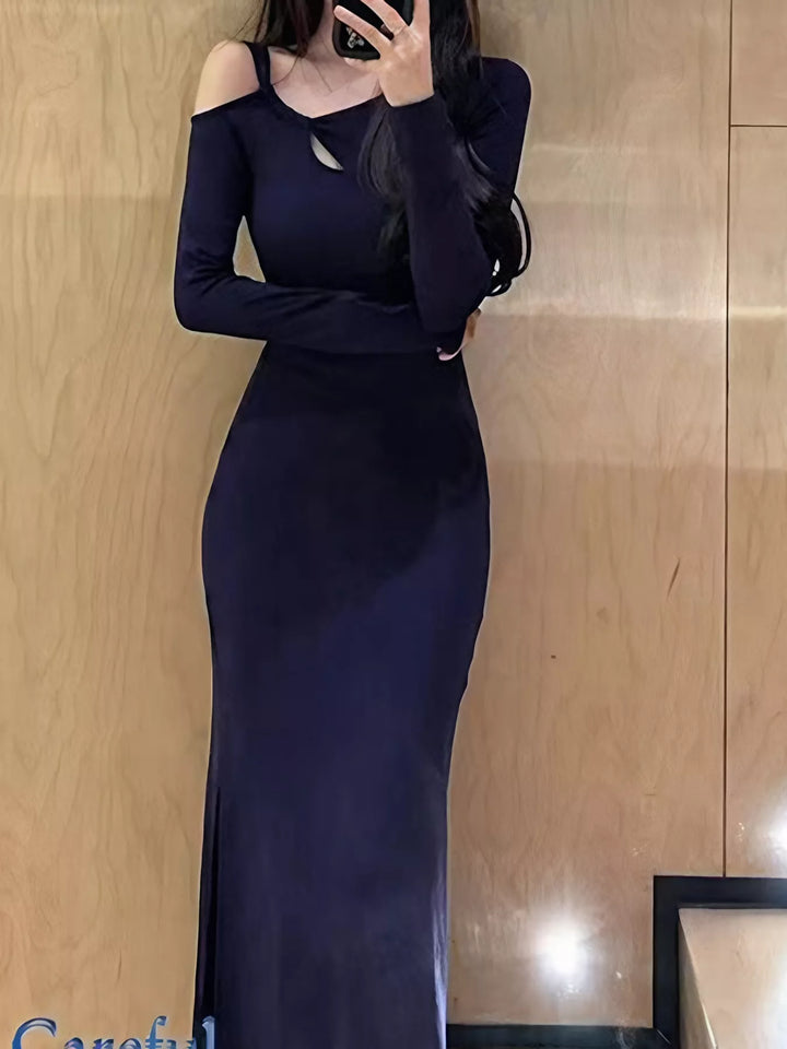 Asymmetrical cutout long sleeve bodycon maxi dress