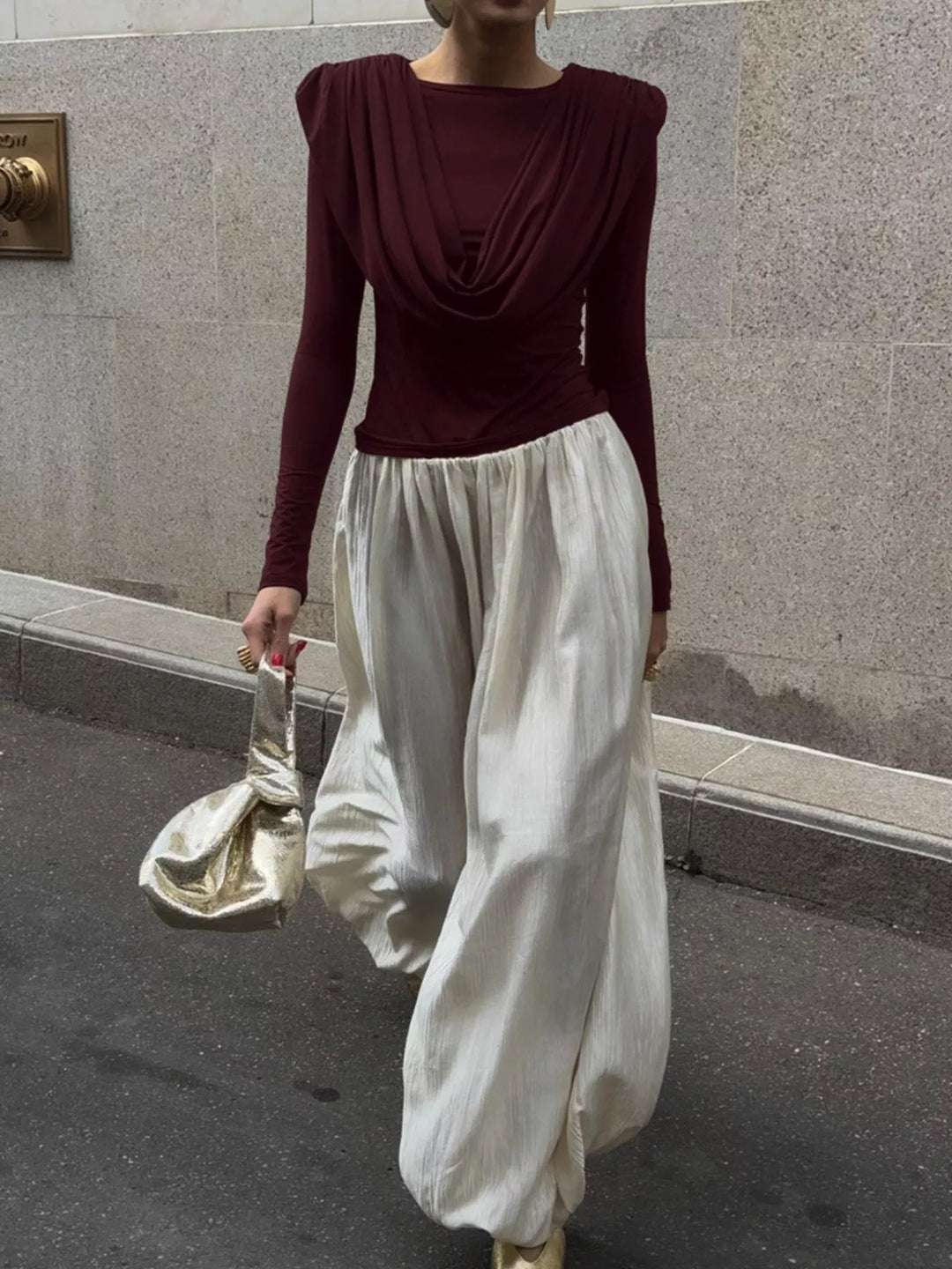 Draped cowl neck long sleeve top with ruched sides