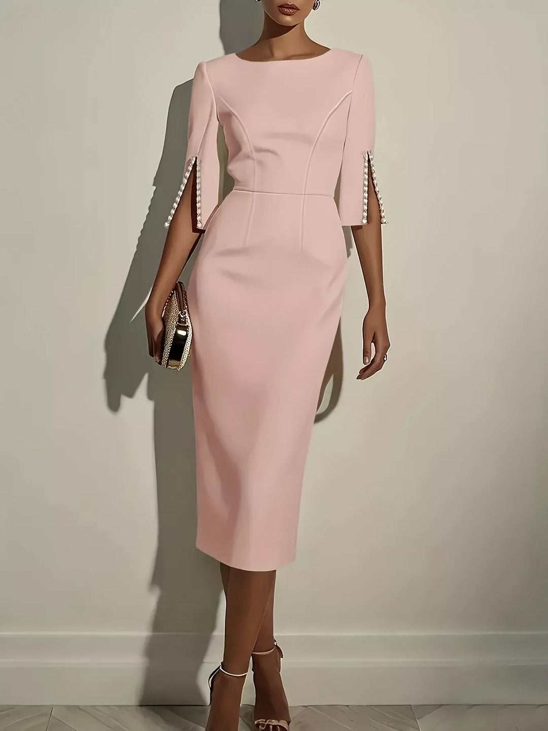 Pink Pearl-trim split-sleeve sheath midi dress