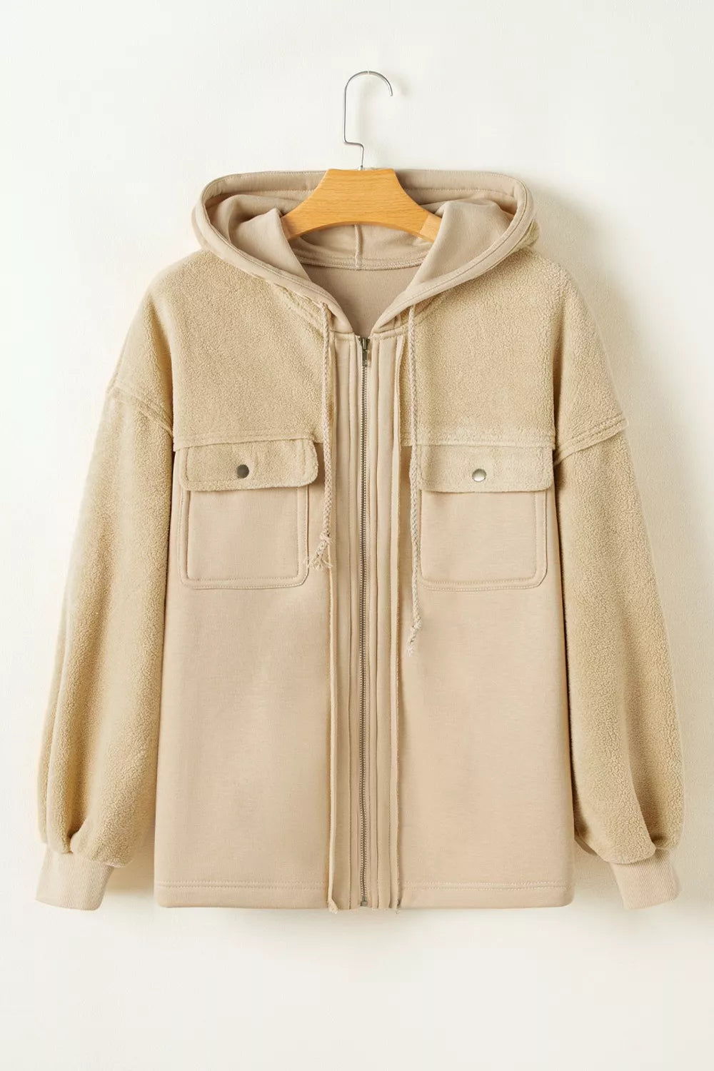 Zip-up hooded fleece jacket with flap pockets
