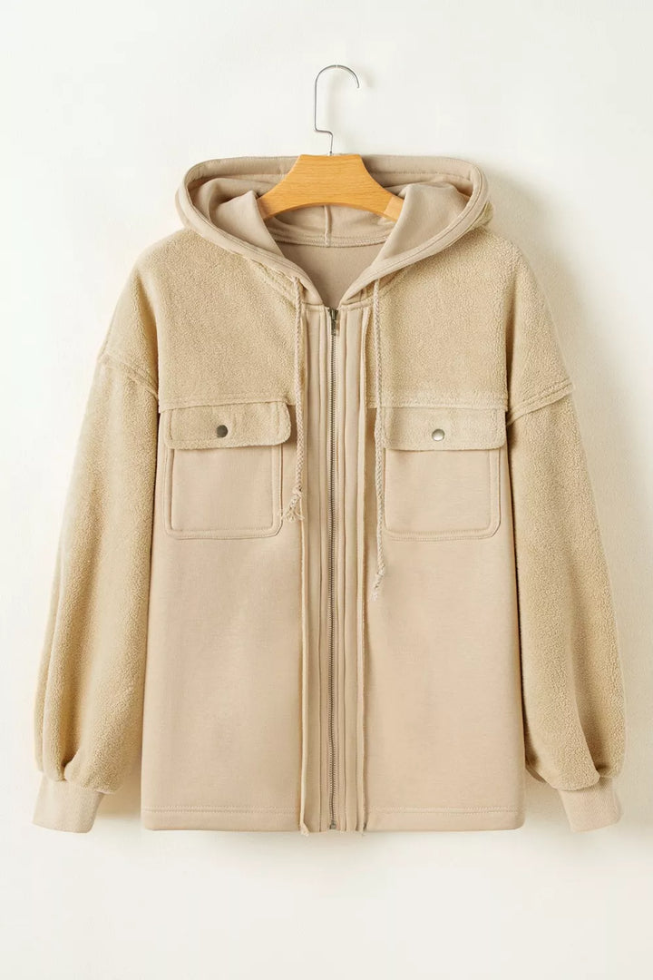 Zip-up hooded fleece jacket with flap pockets