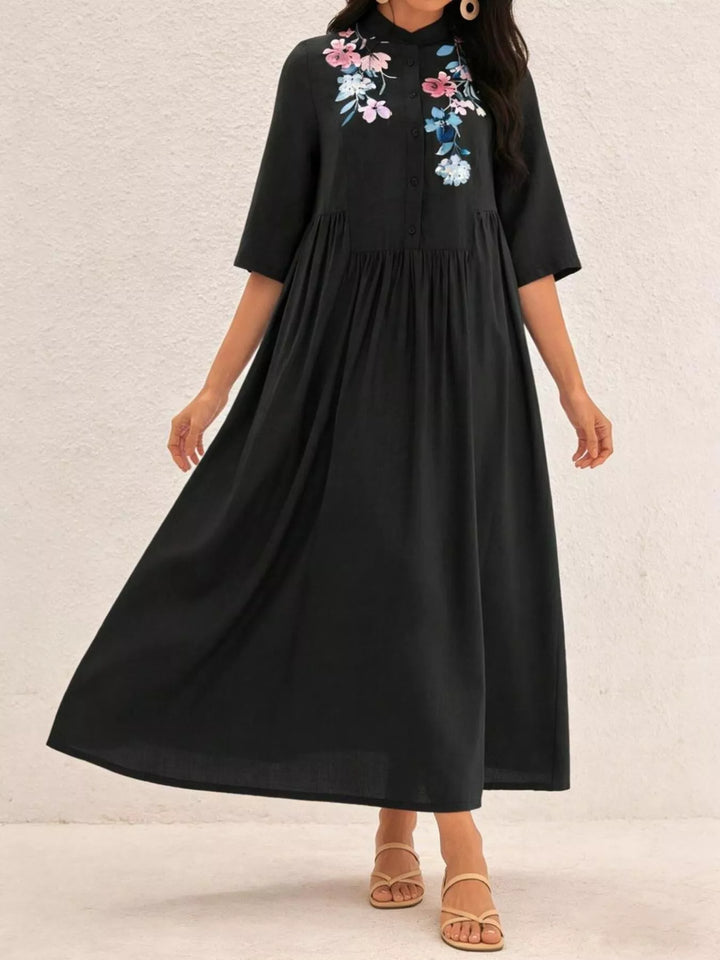 Black Floral embroidered button-front collared midi dress