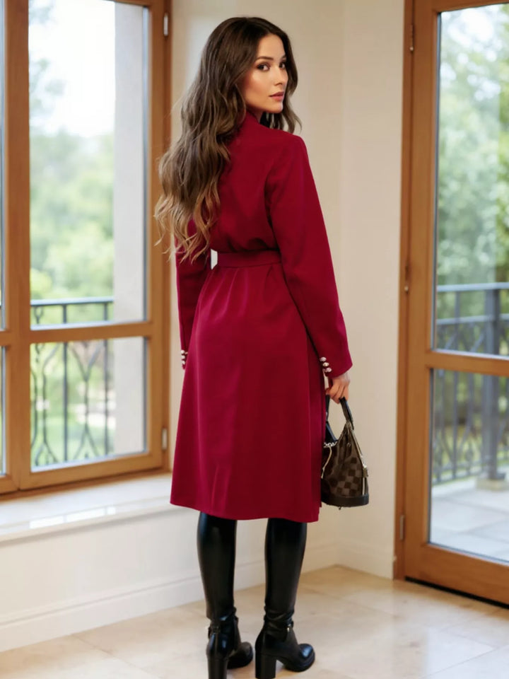 Double-breasted tie-waist longline overcoat