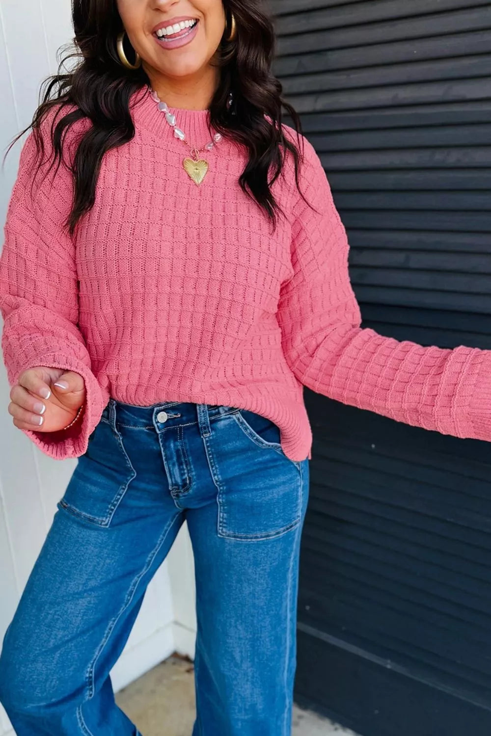 Textured grid knit drop shoulder crew neck sweater