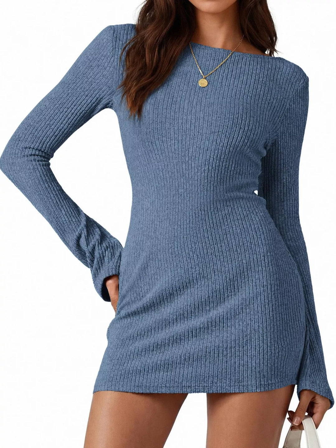 Ribbed knit mini sweater dress with flared sleeves
