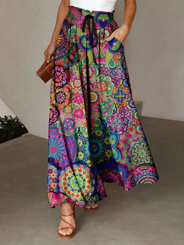 Heliotrope Purple Feather print maxi skirt with drawstring waist and pockets