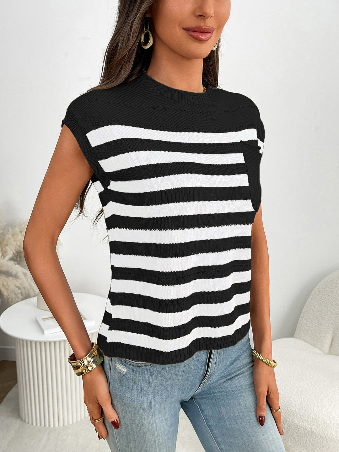 Black Striped knit cap sleeve top with patch pocket