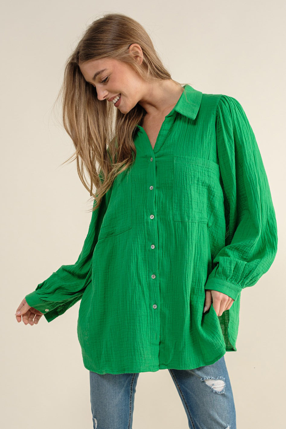 Marseille Textured Gauze Button Down Puff Sleeve Blouse