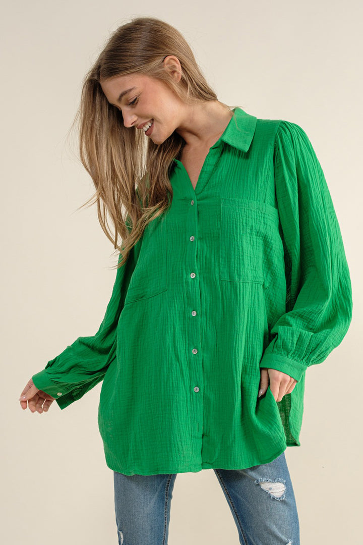 Marseille Textured Gauze Button Down Puff Sleeve Blouse