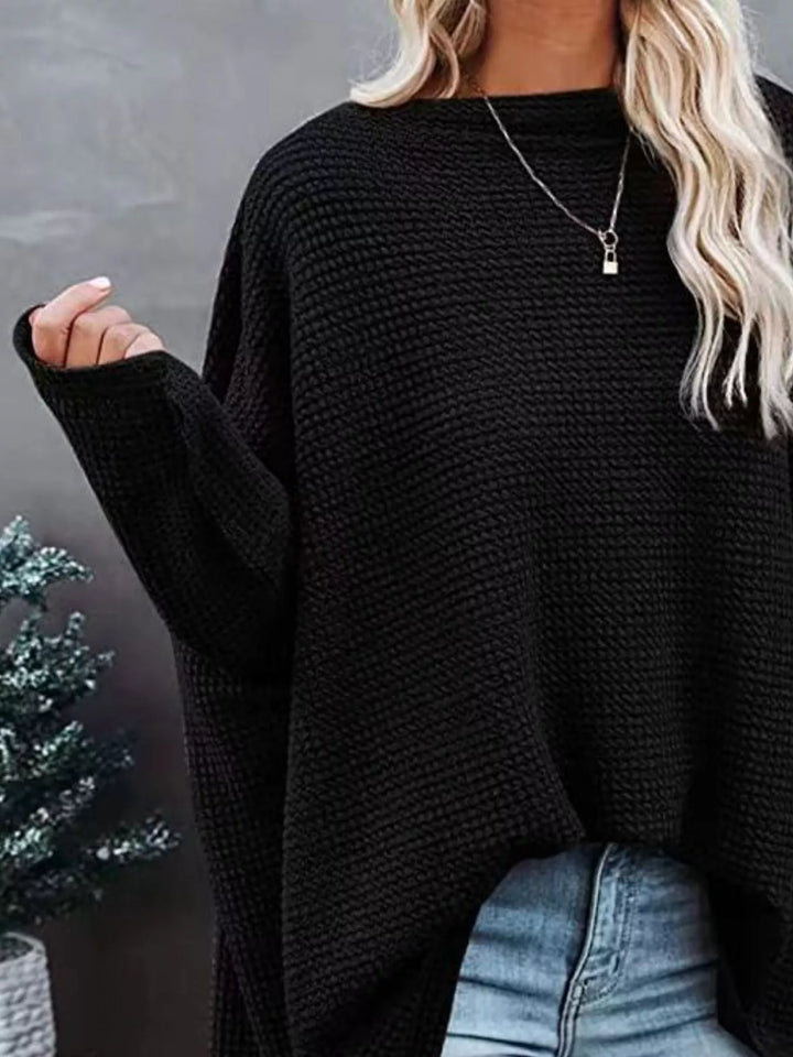 Oversized waffle-knit boat neck long sleeve top