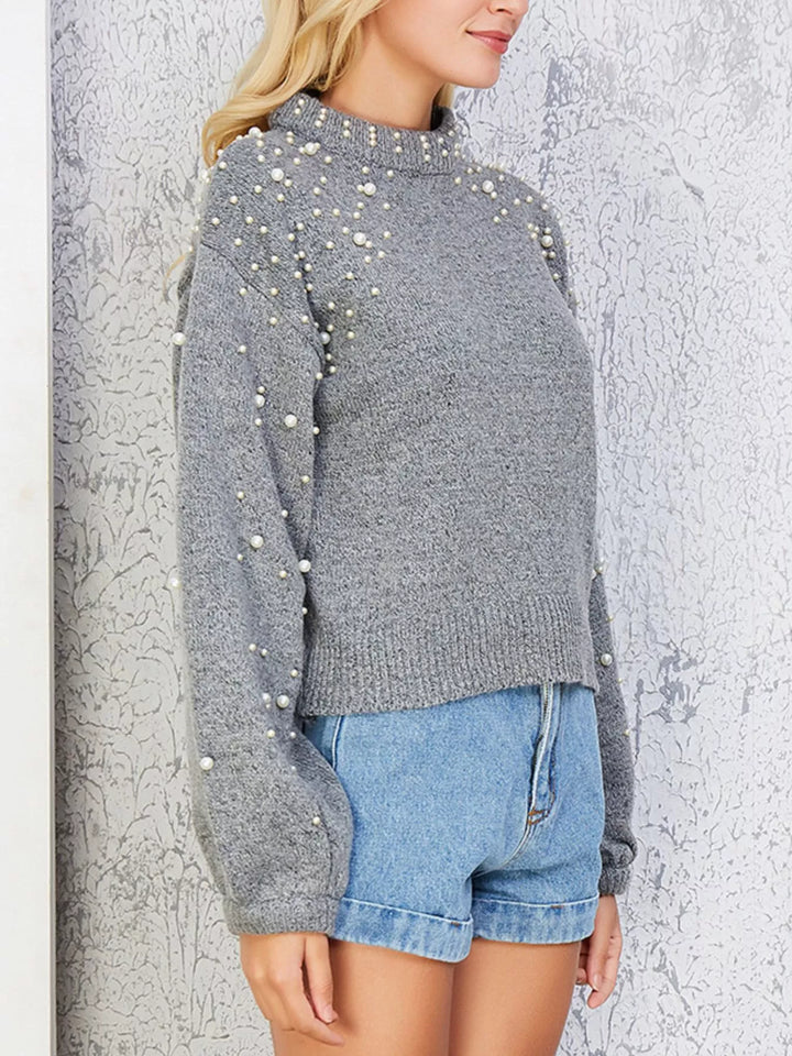 Pearl-embellished mock neck sweater with balloon sleeves