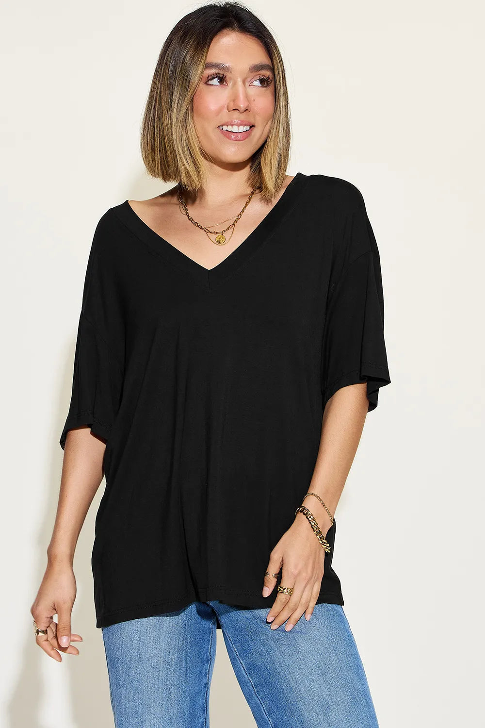 Black Bamboo blend drop-shoulder v-neck oversized tee