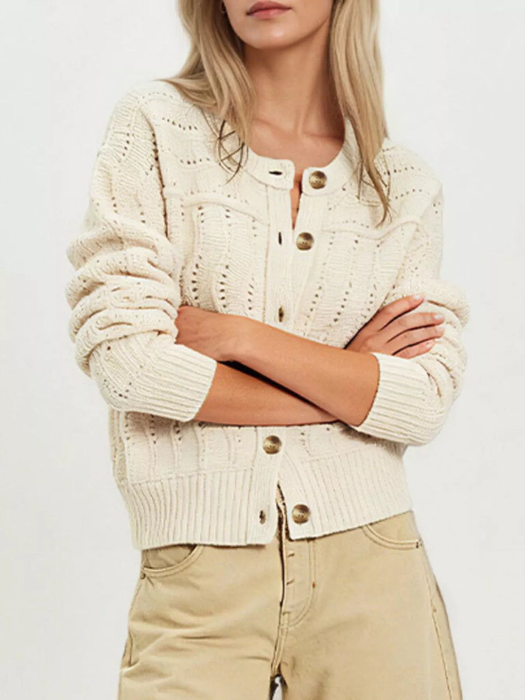 Openwork pointelle knit button-down cardigan