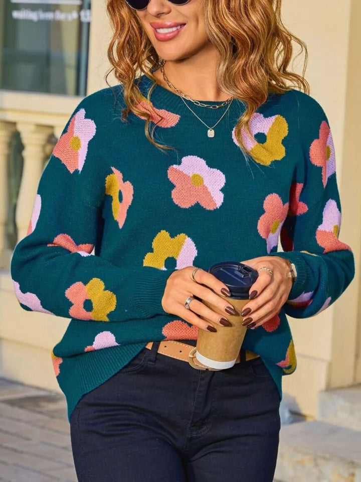 Retro floral crew neck knit pullover sweater