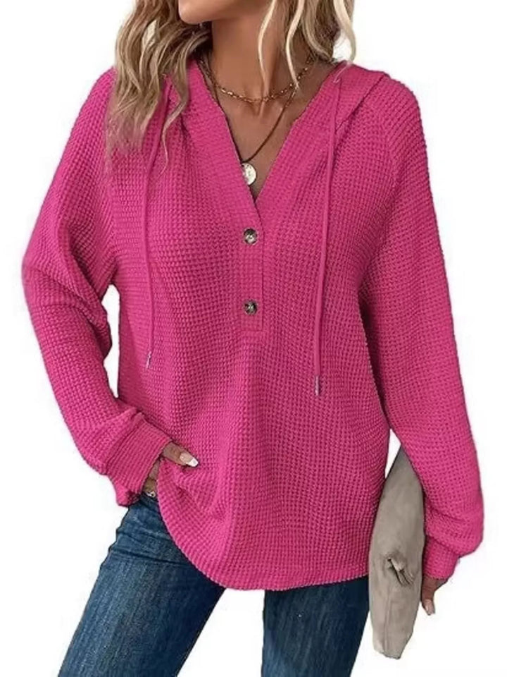 Button-detail waffle knit hoodie with drawstring hood