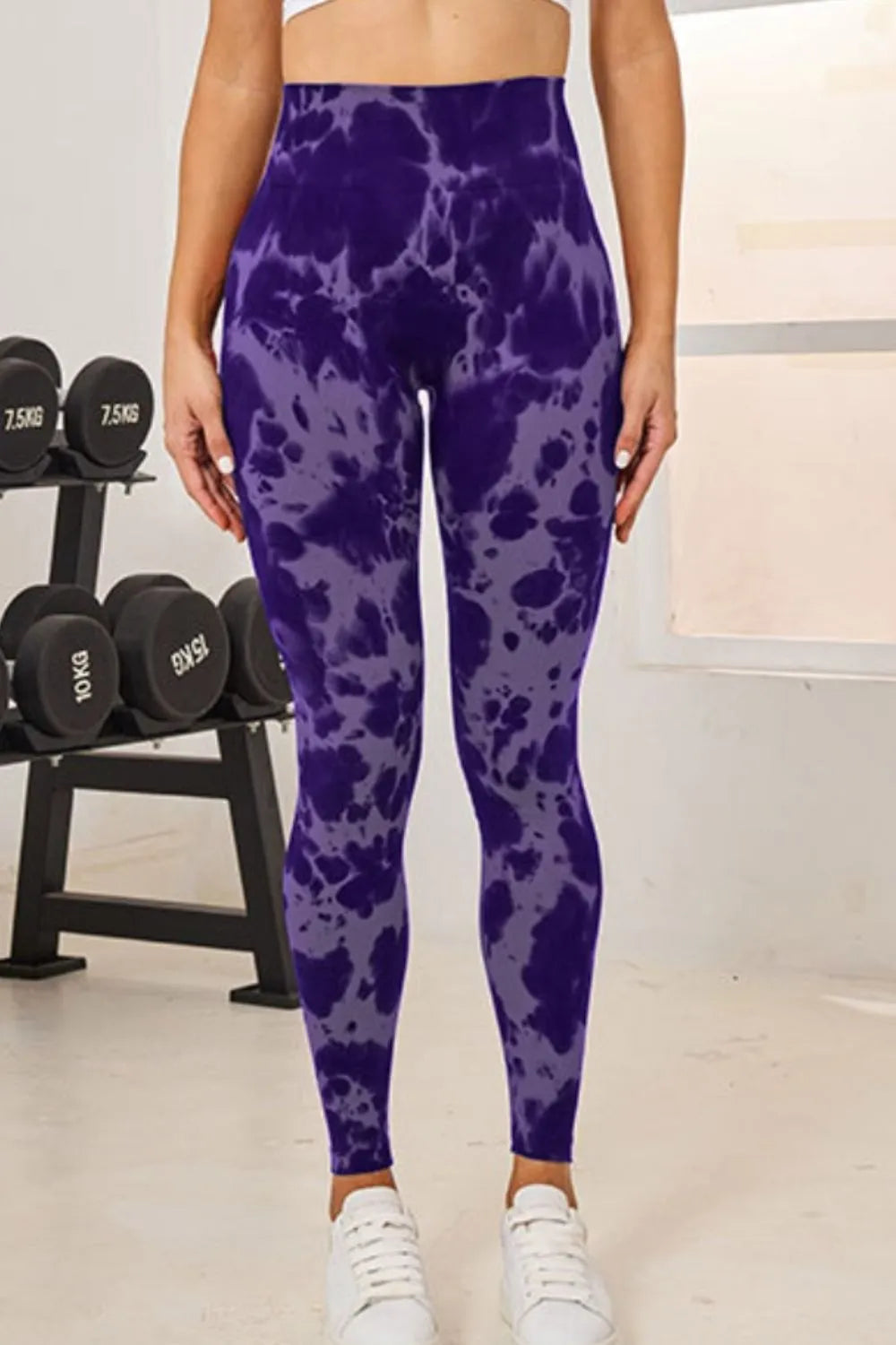Purple Tie-dye high-waist active leggings with wide waistband