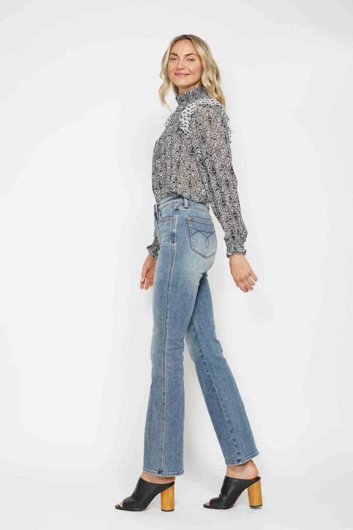 High-rise tummy control bootcut jeans with embroidered pockets