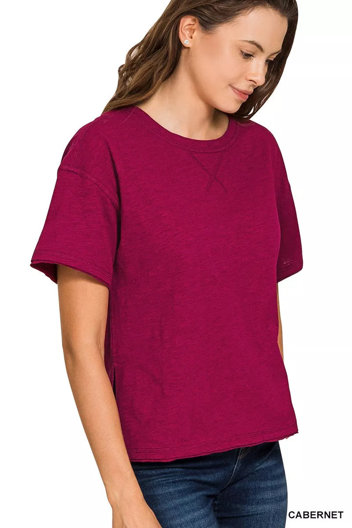 Cotton slub crew neck short sleeve tee with raw hem