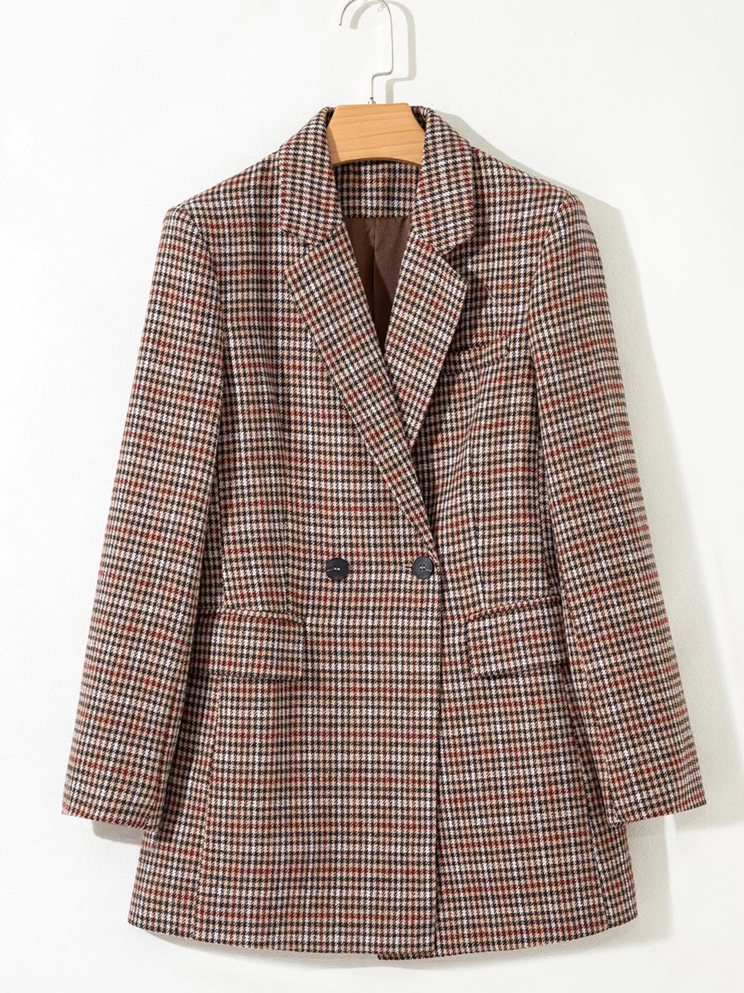 Houndstooth notched lapel longline blazer with buttons