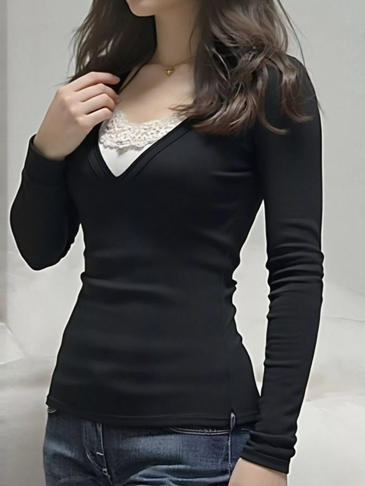 Long sleeve V-neck top with lace trim neckline