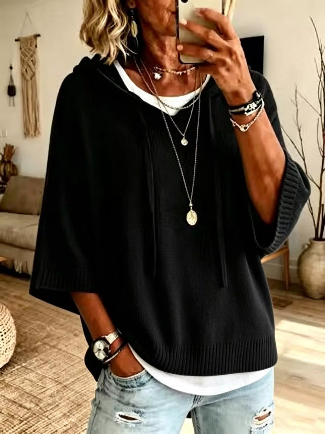 Black Oversized hooded sweater with drawstring and ribbed trim