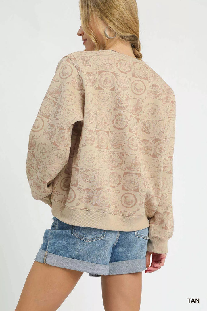 Coin stamp print pullover sweatshirt with ribbed trim