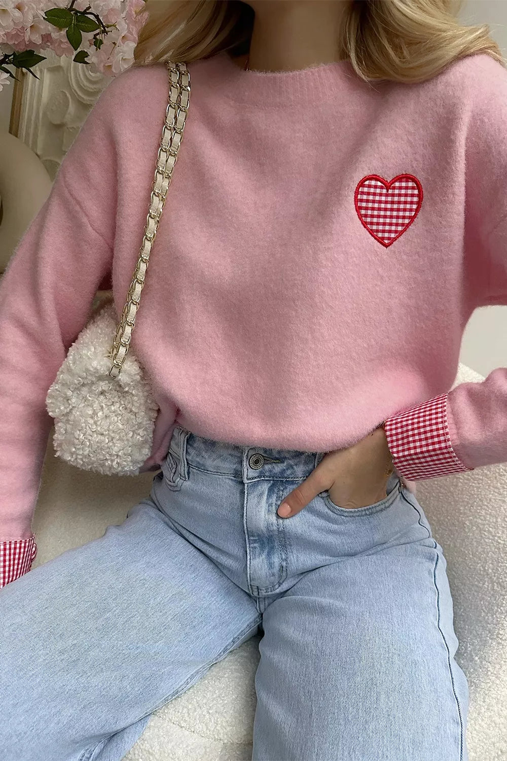 Gingham heart drop-shoulder crew neck sweater