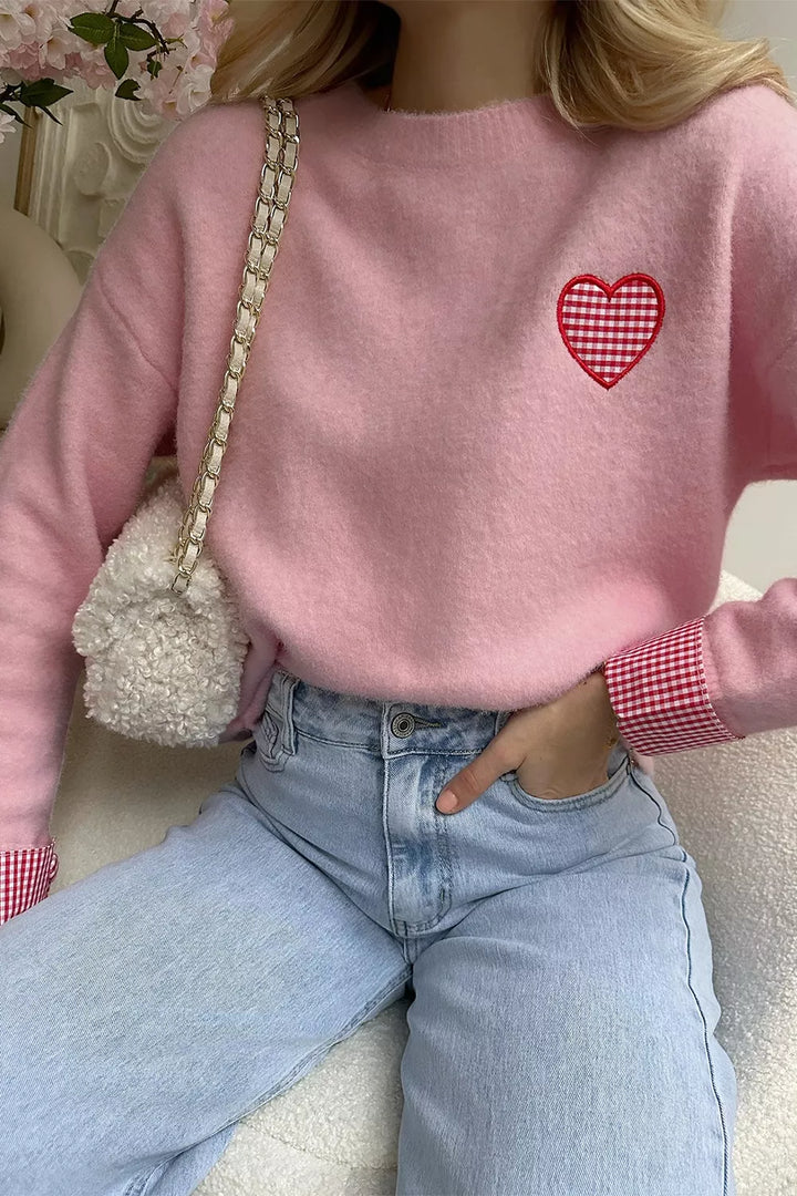 Gingham heart drop-shoulder crew neck sweater