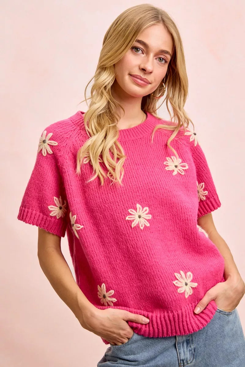Floral embroidered short sleeve knit sweater top