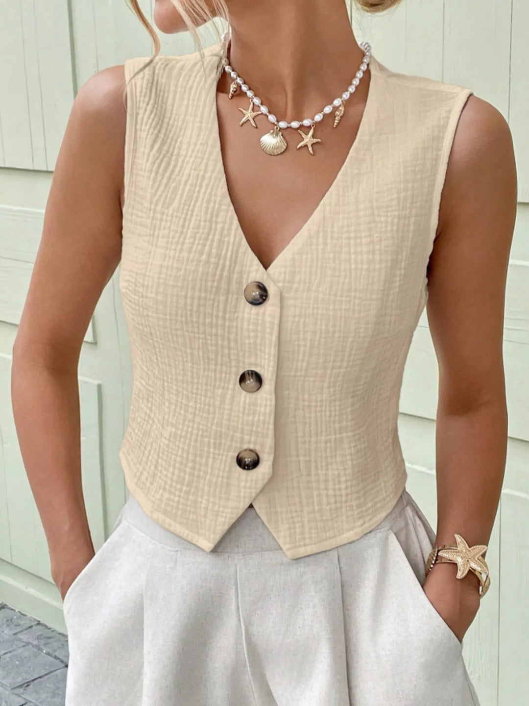 Textured cotton gauze button-front cropped vest