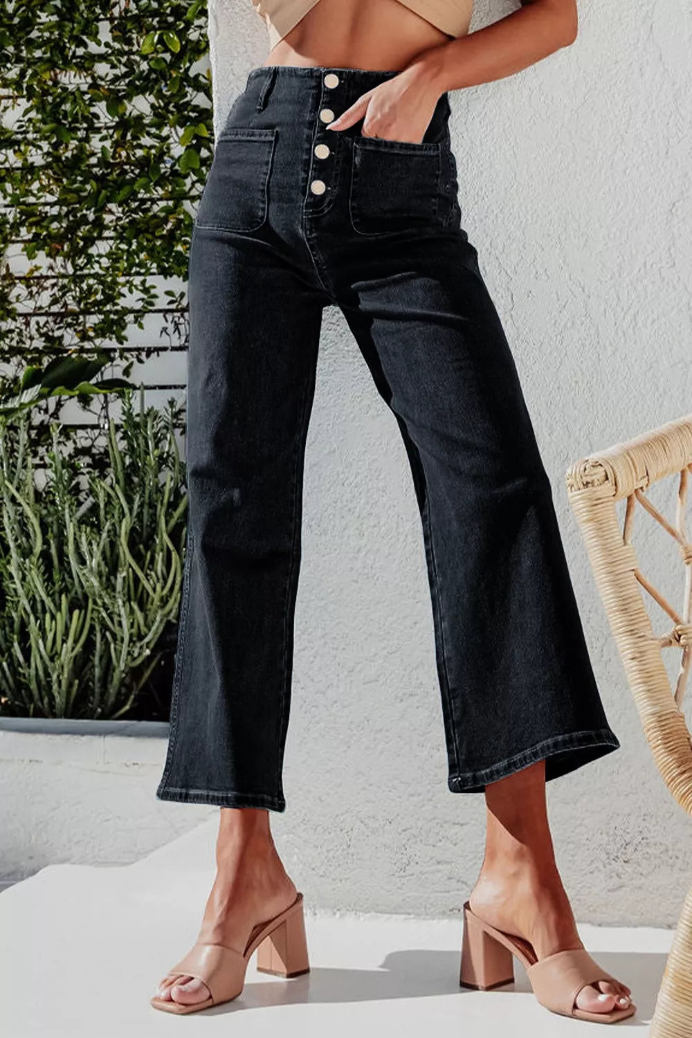 High-rise button-fly wide-leg jeans with patch pockets