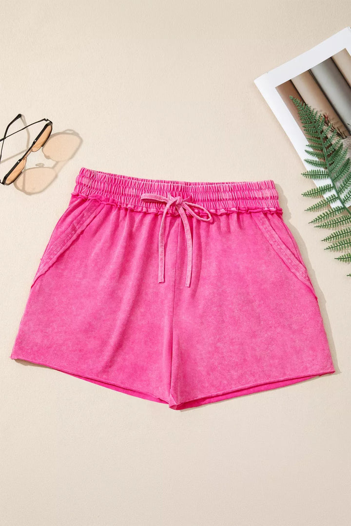 Acid-wash cotton drawstring shorts with side pockets