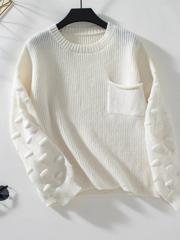 Ribbed knit round neck sweater with chest pocket