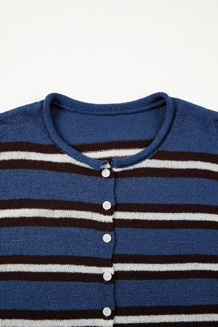 Striped drop shoulder button-front knit cardigan