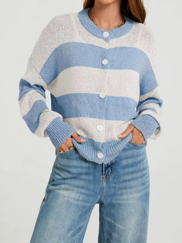Blue Wide stripe button-down knit cardigan with ribbed trim