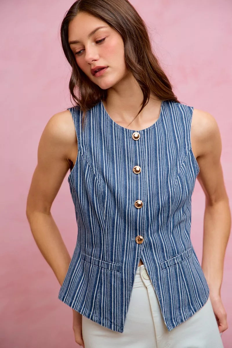 Striped denim button-front vest top with gold buttons