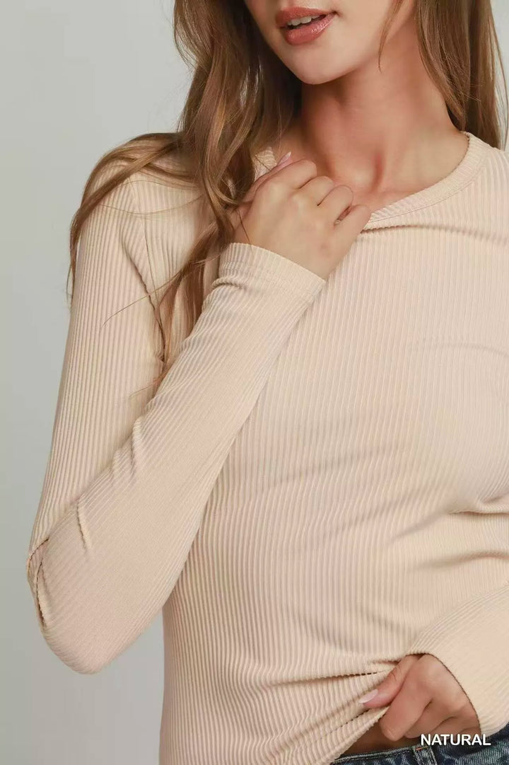 Brushed ribbed long sleeve crew neck top