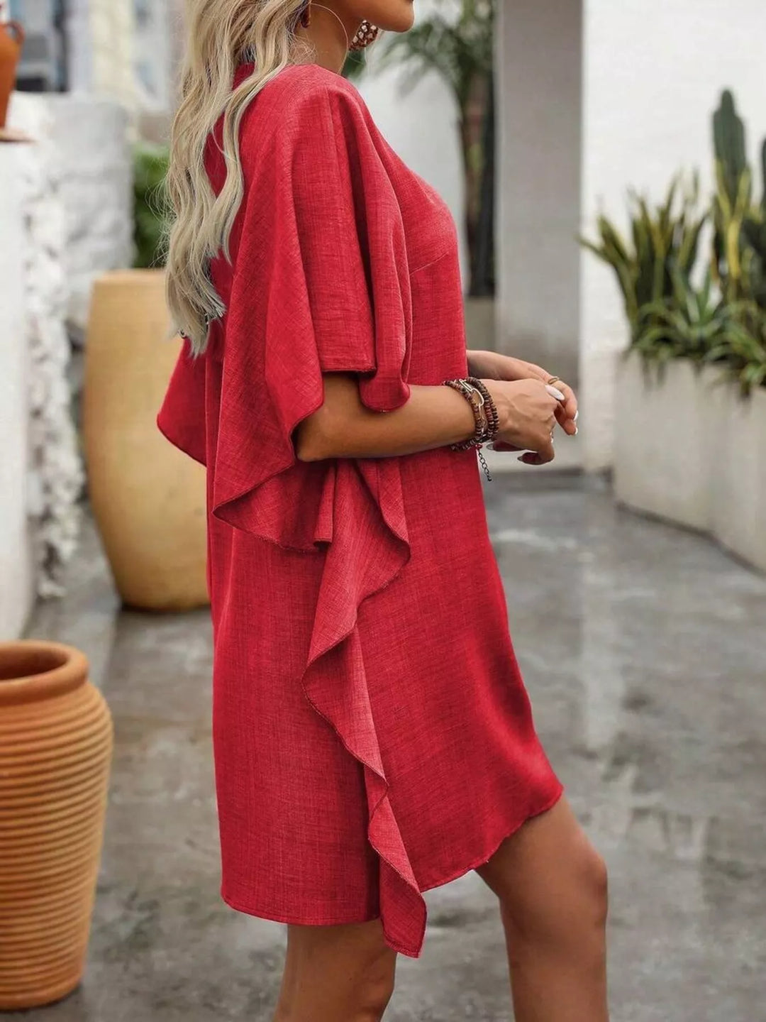 Flutter sleeve V-neck relaxed mini shift dress